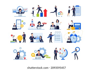 Vector of modern business concept icons of startup, time management, social network, financial data analytics, stock market research and team building 