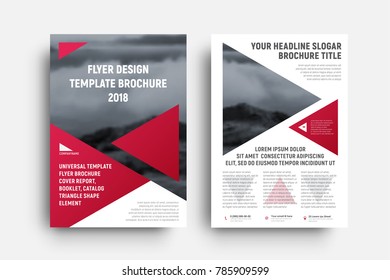 vector modern business flyer template with a place for photos and triangular red design elements. Samples of the front and back pages of the brochure.