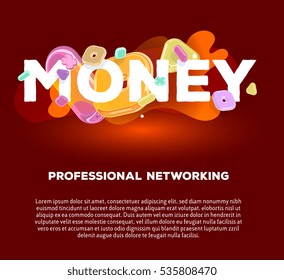 Vector modern business template with bright crystal 3d elements and word money on dark background with title and text. Creative art style concept design for financial web, site, banner, poster