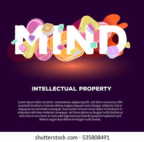 Vector modern business template with bright crystal 3d elements and word mind on dark background with title and text. Creative art style concept design for intellectual web, site, banner, poster
