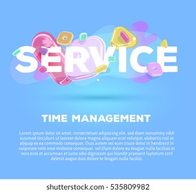 Vector modern business template with bright crystal 3d elements and word service on blue background with shadow, title and text. Creative art style concept design for support web, site, banner, poster