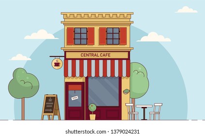 Vector modern cafe detailed facade in flat style. Vector illustration
