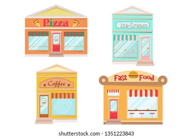Vector modern cafe, fast food, ice cream and pizza detailed facade in flat style. Vector illustration.