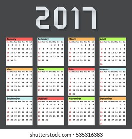Vector modern calendar 2017 on white background