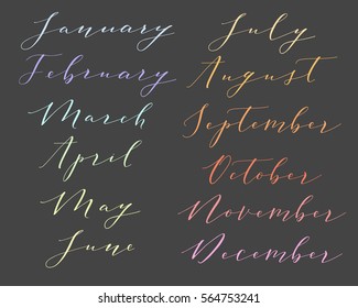 Vector modern calligraphy hand lettered months of the year. Collection of twelve year months including january february march april may june july august september october november december.