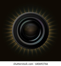 Vector modern camera icon with orange rays on dark background