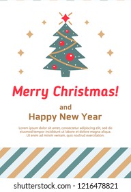 Vector modern card with abstract geometry Christmas tree. Vintage card. Merry Christmas typography and elements for holidays with greeting card template and pattern. Vector brochure in flat style.