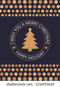 Vector modern card with abstract geometry Christmas tree. Vintage card. Merry Christmas typography and elements for holidays with greeting card template and pattern. Vector brochure in flat style.