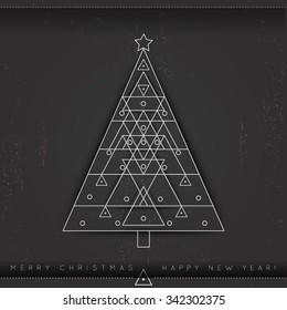 Vector modern card with abstract linear geometry Christmas tree. Merry Christmas and happy new year holiday greeting card. Line style
