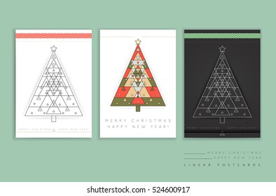 Vector modern card with abstract linear geometry Christmas tree. Merry Christmas and happy new year holiday greeting card. Line style
