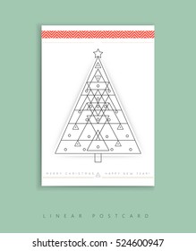Vector modern card with abstract linear geometry Christmas tree. Merry Christmas and happy new year holiday greeting card. Line style