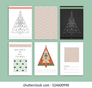 Vector modern card with abstract linear geometry Christmas tree. Merry Christmas and happy new year holiday greeting card. Line style