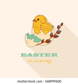 Vector modern card. Chickens in the egg shell and a sprig of willow. Easter illustration.
