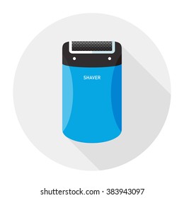 vector modern cartoon electric shaver, beard and mustache remover, personal equipment for face shave, men accessory / flat style, long shadow design, icon template, circle / blue on white