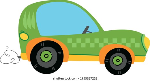Moderner Cartoon Rennwagen mit Vektorgrafik. Auto Kinder lustig und süß Logo. Boy Print - für Kleidung, Karten, Banner. Clipart-Art-Comic