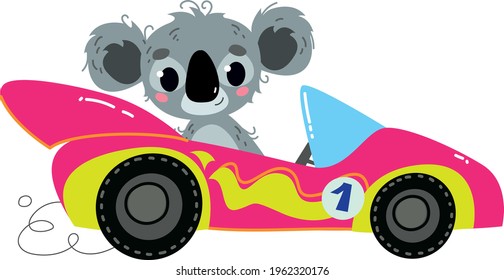 Vector modern cartoon racing purple car. The driver is an animal - Koala. Auto kids funny and cute logo. Girly print - for clothes, cards, banners. Comic clipart drive sport