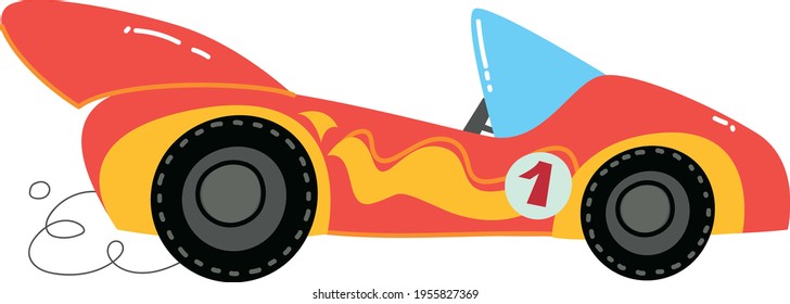 Moderner Cartoon-Rennwagen mit Vektorgrafik. Auto Kinder lustig und süß Logo. Boy Print - für Kleidung, Karten, Banner. Clipart-Art-Comic