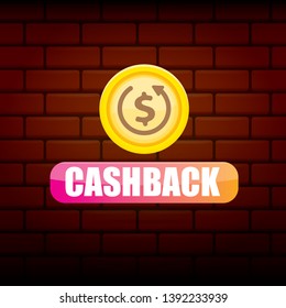 vector modern cash back icon with golden coin isolated on brick wall background. cashback or money refund label or logo