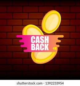 vector modern cash back icon with golden coin isolated on brick wall background. cashback or money refund label or logo