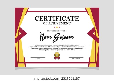 plantilla de certificado vectorial moderna con formas abstractas en rojo y oro
