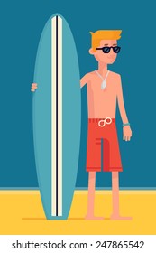 Vector modern character design on best summer beach holidays water sport and activities with young surf blond hair boy wearing hipster sunglasses and holding blue surfboard 