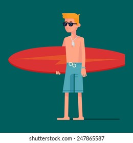 Vector modern character design on best summer beach holidays water sport and activities with young surf blond hair boy wearing hipster sunglasses and holding blue surfboard, full length isolated