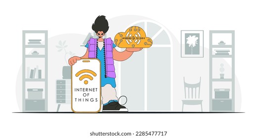 Personaje vectorial moderno con un dispositivo de almacenamiento en la nube en sus manos.