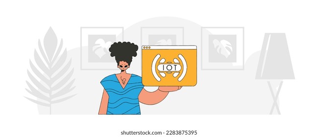 Vector modern character style of a guy sitting on the floor, holding an IoT logo.