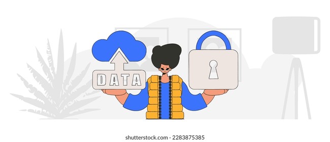 Vector modern character style of a man with a cloud storage and padlock.