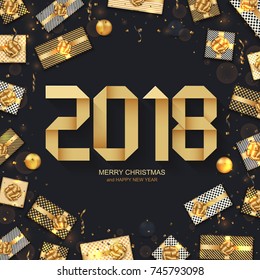 Vector modern Christmas or 2018 Happy New Year winter holiday invitation card background