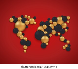 Vector modern Christmas or 2018 Happy New Year winter holiday invitation card background. Concept global map and Christmas balls