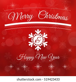 Vector modern Christmas and New Year greeting card. Blurred red background with snowflakes and bokeh effect. Stylized white text with ampersand in circle.