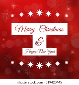 Vector modern Christmas and New Year greeting card. Blurred red background with snowflakes and bokeh effect. Text stylized in white block.