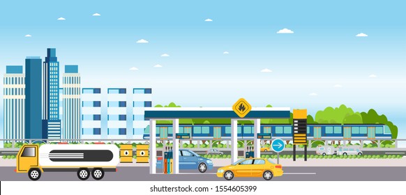 Vector of a modern city landscape with gas station and cars fueling, building houses, passing by metro train and skyline background