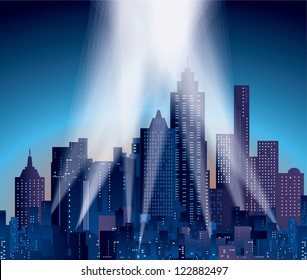 vector modern city with skyscrapers and spotlights