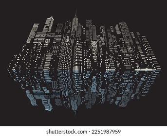 vector modern city windows with waved reflection, cityscape background, layered and editable