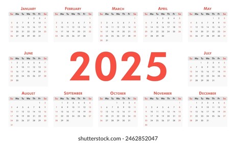 Vector calendario clásico moderno para el año 2025. La semana comienza el domingo. Calendario de escritorio o pared en estilo minimalista