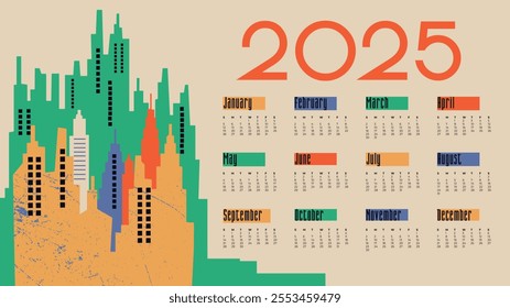 Vector modern classic calendar for 2025 year. Week starts on Sunday. Desk or wall calendar in minimalist style