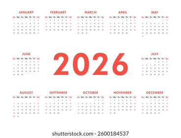 Vector modern classic calendar for 2026 year. Week starts on Sunday. Desk or wall horizontal A4 calendar in minimalist style