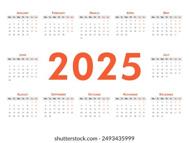 Vector modern classic calendar A4 for 2025 year. Week starts on Monday. Desk or wall calendar in minimalist style