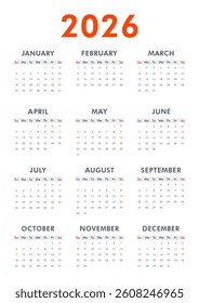 Vector modern classic vertical 2026 calendar. Week starts on Sunday. Desk or wall A4 calendar in minimalist style