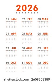 Vector modern classic vertical 2026 calendar. Week starts on Sunday. Desk or wall A4 calendar in minimalist style