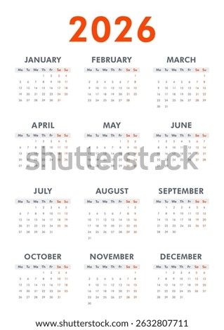Vector modern classic vertical 2026 calendar. Week starts on Monday. Desk or wall A4 calendar in minimalist style