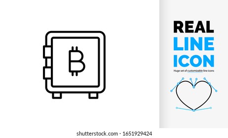 Vector moderno limpio línea real icono de ahorrar dinero y crecimiento financiero en ahorros personales o banca en el valor del mercado de valores de la moneda digital Crypto minería de bitcoin en una caja fuerte o caja de seguridad bancaria