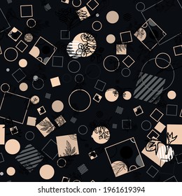 Vector modern collage of silhouettes and outlines of wild plants mixed with geometric pattern, dots polka dots in a seamless vector design for fashion, fabric, wallpaper and all prints.