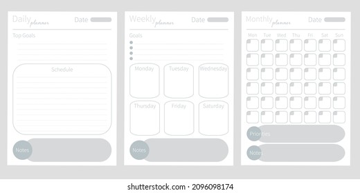 Vector Modern collection of daily weekly monthly planner printable template with grey ellements. Collection of note paper, to do list, stickers templates. Blank white notebook page A4