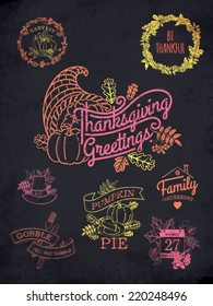 Vector modern color chalk thanksgiving day themed drawings | Chalkboard with thanksgiving writings and lettering on greetings, harvest, gobble till you wobble, pumpkin pie, family gathering and more