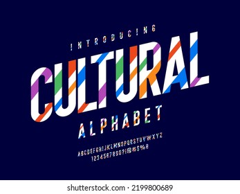 Vektorgrafik des modernen, bunten Alphabets mit Großbuchstaben, Zahlen und Symbolen
