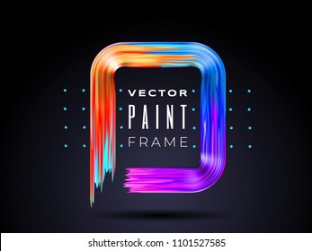 Vector modern colorful flow frame. Fluid acrylic paint or color brushstroke oil design element in the form of rectangular. Colored dynamic wave liquid shape. Realistic 3d illustration.