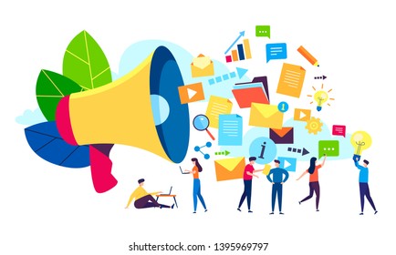 Vector modern colorful illustration, flat cartoon style, business promotion, advertising, call through the horn, online alerting